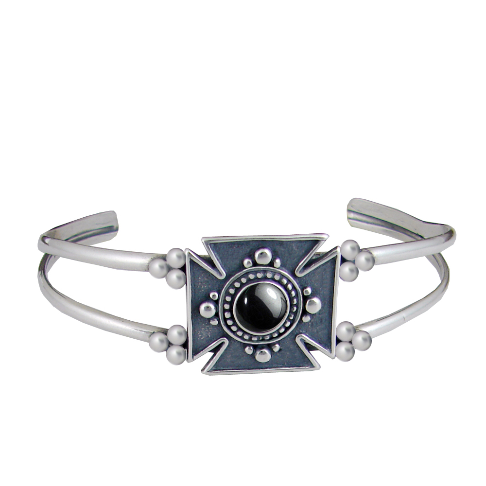 Sterling Silver Iron Cross Cuff Bracelet With Hematite